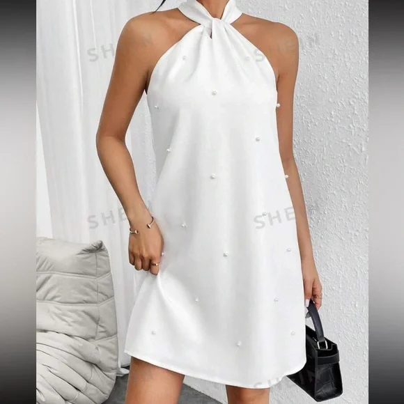 New White Pearl Halter Neck Dress | Color: White | Size: L | Gla8940'S Closet